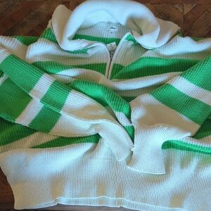 aerie Green and White Striped Half-Zip Cardigan Sweater